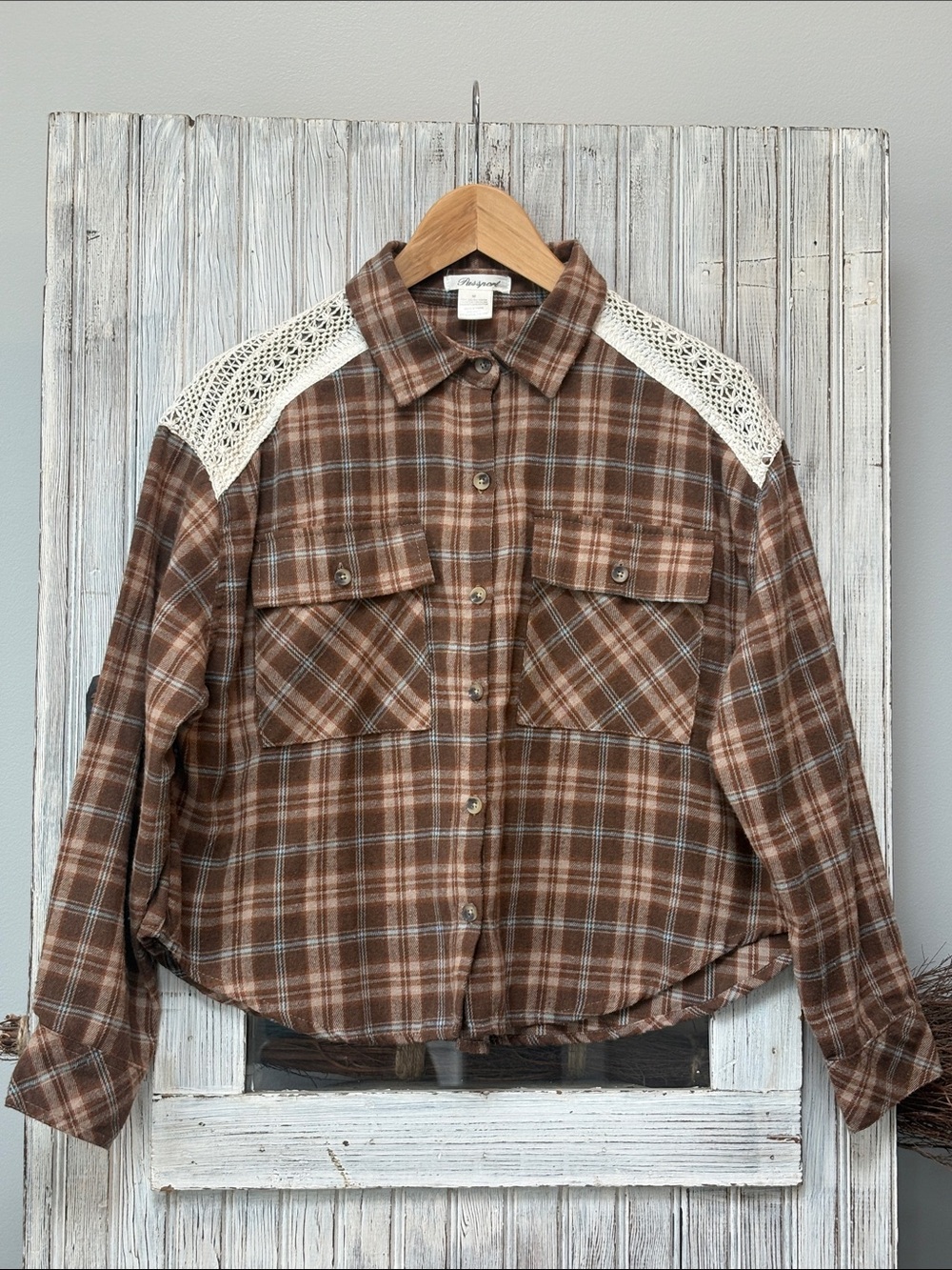 Passport Crochet Shoulder Plaid Button Up Shirt Brown andCream size M